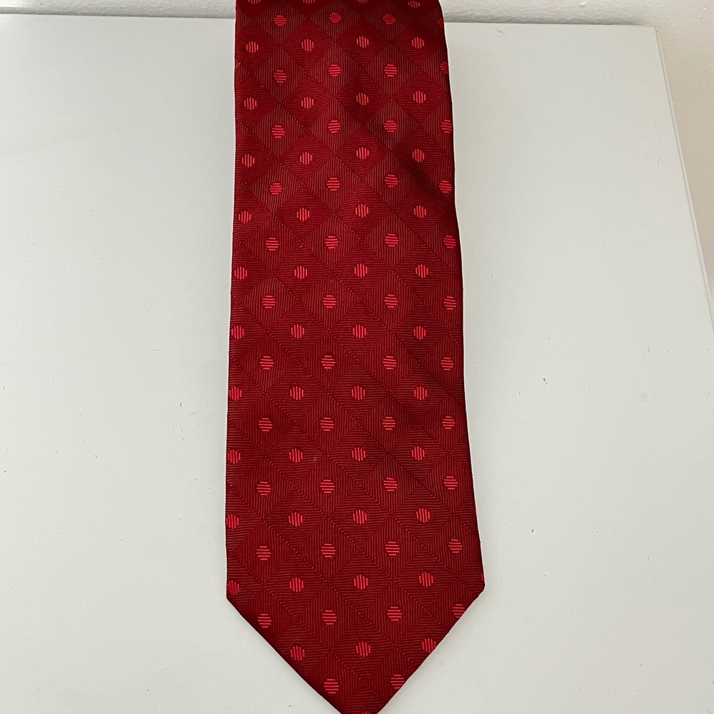 Longchamp‎ Silk Necktie Men One Size Burgundy Polka Dot Geometric Made in Italy